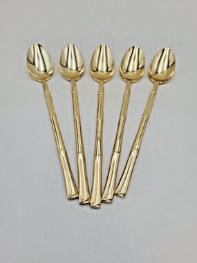 Set 5 National Escapade Iced Tea Spoon Gold Stainless Steel Bamboo Handles JAPAN
